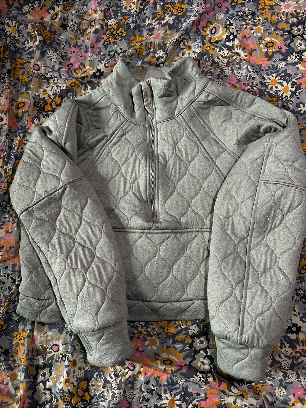 Quilted Half-Zip Pullover Hoodie - Sage Green